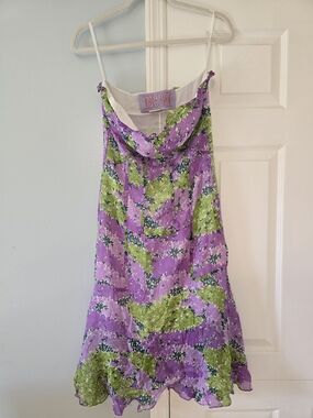 Tuleh Lavender and Lime Floral Silk Slip Dress